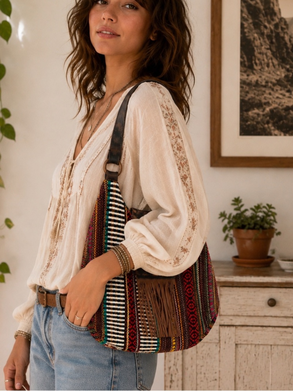 Woven Tapestry Boho Hobo Bag Fringe Multicolor Hippie Shoulder Purse - Picture 13 of 13